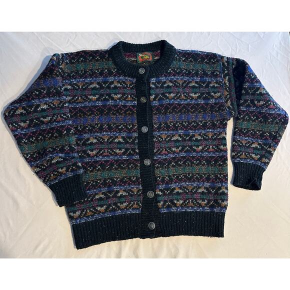 Alps Wool Cable Knit Nordic Fair Isle Cardigan Sweater Womens M Mottled Striped - Picture 7 of 7